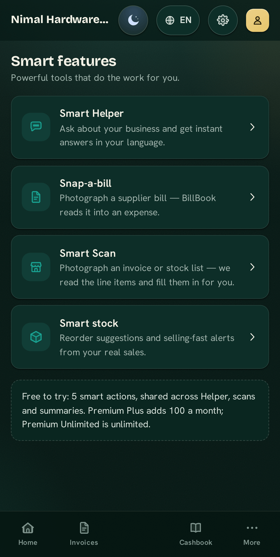 The BillBook Business Smart screen — Smart Helper, Snap-a-bill, Smart Scan and smart stock — in the Midnight Atelier skin